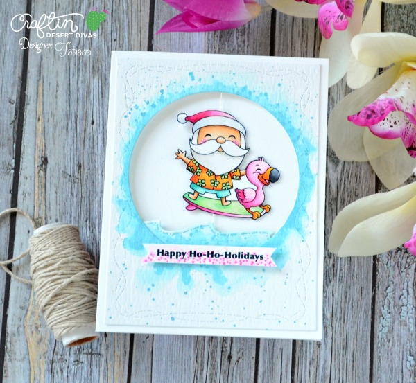 Happy Ho-Ho-Holidays #handmadecard by Tatiana Trafimovich #tatianacraftandart - Surfing Santa digi stamp set by Craftin Desert Divas #craftindeserdivas